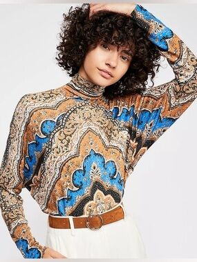 Free People Paisley Turtleneck Long Sleeve Top in Blue & Tan